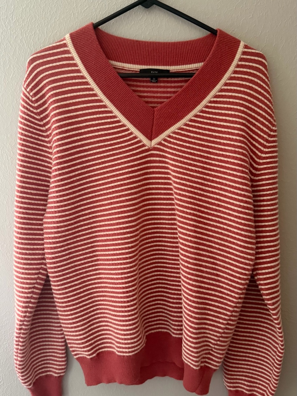 Fate Coral and Cream Striped V-Neck Sweater